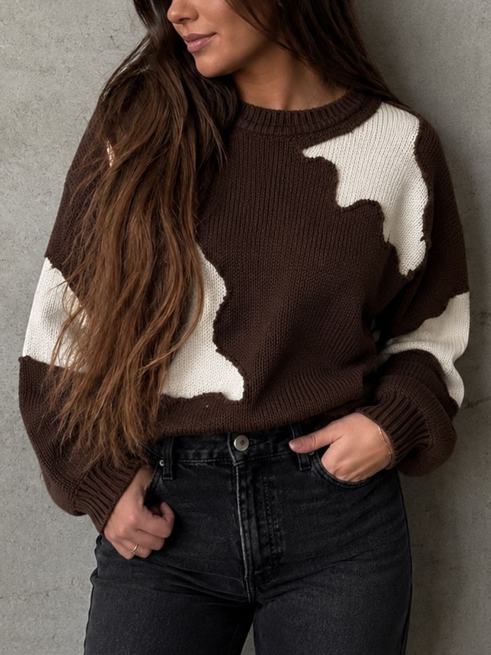 Upcycled Cozy Knit Brown Cream Cut Out Two Tone Baggy Vintage Crewneck Sweater